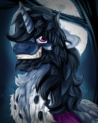 Size: 2000x2500 | Tagged: safe, artist:euspuche, imported from derpibooru, oc, oc only, oc:spitzer, alicorn, pony, bust, fluffy, high res, king, looking at you, male, moon, night, portrait, smiling, stallion