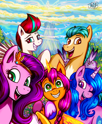 Size: 748x909 | Tagged: safe, artist:jowyb, imported from derpibooru, hitch trailblazer, izzy moonbow, pipp petals, sunny starscout, zipp storm, alicorn, earth pony, pegasus, pony, unicorn, spoiler:g5, spoiler:my little pony: a new generation, alicornified, artificial wings, augmented, female, g5, magic, magic horn, magic wings, male, mane five (g5), mare, my little pony: a new generation, one eye closed, open mouth, race swap, royal sisters (g5), siblings, sisters, stallion, sunnycorn, wings