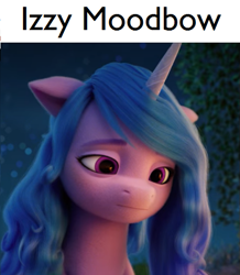 Size: 457x524 | Tagged: safe, edit, edited screencap, imported from derpibooru, screencap, izzy moonbow, pony, spoiler:my little pony: a new generation, 3d, caption, exploitable meme, g5, izzy moodbow, meme, mood, my little pony: a new generation, pun, sad, solo, text