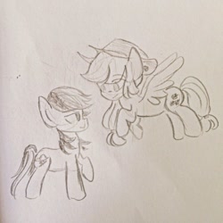 Size: 640x640 | Tagged: safe, artist:snowzaaah, imported from derpibooru, applejack, rainbow dash, earth pony, pegasus, pony, appledash, appledashdailydoodles, doodle, female, lesbian, monochrome, pencil drawing, shipping, sketch, traditional art