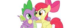 Size: 989x378 | Tagged: safe, artist:cloudyglow, artist:sketchmcreations, edit, editor:undeadponysoldier, imported from ponybooru, vector edit, apple bloom, spike, dragon, earth pony, pony, :), :d, adorabloom, applelove, arm on shoulder, bipedal, bow, cute, daaaaaaaaaaaw, female, filly, grin, hair bow, happy, hug, side hug, smiling, spikabetes, spikelove, teeth, they grow up so fast, vector, winged spike