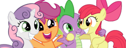 Size: 989x378 | Tagged: safe, edit, editor:undeadponysoldier, imported from ponybooru, vector edit, apple bloom, scootaloo, spike, sweetie belle, adorabloom, arm on shoulder, best friends, best friends until the end of time, cute, cutealoo, cutie mark crusaders, daaaaaaaaaaaw, diasweetes, group hug, group photo, happy, hug, simple background, spikabetes, they grow up so fast, transparent background, vector