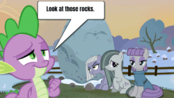 Size: 960x540 | Tagged: safe, edit, editor:undeadponysoldier, imported from ponybooru, limestone pie, marble pie, maud pie, spike, dragon, series:spikebob scalepants, animated, animated comic, boulder, employee of the month, limestone is not amused, pc game, pun, reference, rock, speech bubble, spongebob reference, spongebob squarepants, unamused, winged spike