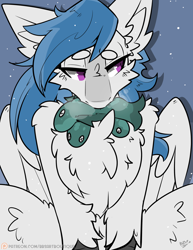 Size: 2550x3300 | Tagged: safe, artist:bbsartboutique, imported from ponybooru, oc, oc only, oc:delta dart, fish, hippogriff, breath, fluffy, hippogriff oc, patreon, patreon link, patreon logo, patreon reward, snow, solo, suspicious, unshorn fetlocks, wings