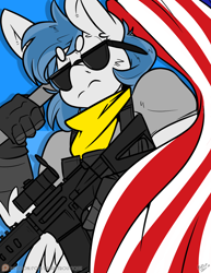 Size: 2550x3300 | Tagged: safe, artist:bbsartboutique, imported from ponybooru, oc, oc only, oc:delta dart, hippogriff, american flag, ar15, clothes, gun, hippogriff oc, patreon, patreon link, patreon logo, patreon reward, rifle, scarf, scope, solo, sunglasses, talons, weapon