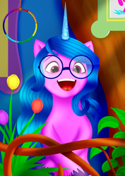 Size: 2480x3508 | Tagged: safe, artist:leonkay, imported from derpibooru, izzy moonbow, pony, unicorn, spoiler:my little pony: a new generation, fit right in (g5), g5, glasses, my little pony: a new generation, open mouth, open smile, scene interpretation, smiling, solo