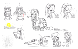 Size: 1700x1080 | Tagged: safe, artist:kabayo, artist:snspony, oc, oc only, oc:baba hooves, pony, bowl, cup, elderly, female, mare, pillow, pipe, raspberry, sketch, sketch dump, sleeping, snoring, snowpony (species), sun, taiga pony, tongue out