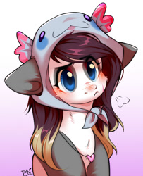 Size: 1280x1578 | Tagged: safe, artist:pledus, imported from derpibooru, oc, oc only, axolotl, pony, blushing, clothes, female, gradient background, hat, solo