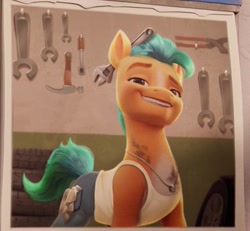 Size: 383x354 | Tagged: safe, imported from derpibooru, screencap, hitch trailblazer, earth pony, pony, spoiler:my little pony: a new generation, bolt cutter, calendar, cloth, clothes, dirt, g5, grin, hammer, jeans, jewelry, male, markings, mechanic, my little pony: a new generation, necklace, oil, pants, screwdriver, smiling, solo, stallion, stupid sexy hitch trailblazer, tanktop, wrench