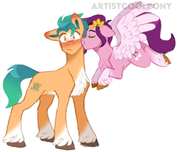 Size: 1024x876 | Tagged: safe, artist:artistcoolpony, imported from derpibooru, hitch trailblazer, pipp petals, earth pony, pegasus, pony, adorapipp, blushing, cute, eyes closed, female, g5, hitchbetes, hitchpipp, kiss on the cheek, kissing, male, mare, markings, shipping, simple background, stallion, straight, transparent background, unshorn fetlocks