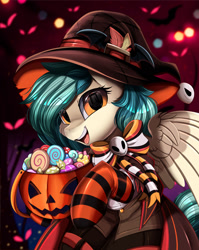 Size: 1280x1611 | Tagged: safe, artist:pridark, imported from derpibooru, oc, oc only, oc:peacher, pegasus, bow, candy, clothes, costume, food, green mane, halloween, halloween 2021, halloween costume, hat, holiday, orange eyes, pegasus oc, pumpkin, pumpkin bucket, socks, striped socks, wings, witch hat