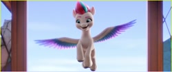 Size: 1222x515 | Tagged: safe, imported from derpibooru, screencap, zipp storm, pegasus, pony, spoiler:g5, spoiler:my little pony: a new generation, colored wings, female, flying, g5, mare, my little pony: a new generation, open mouth, open smile, raised eyebrow, smiling, solo, spread wings, unshorn fetlocks, wings