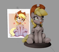 Size: 885x790 | Tagged: safe, artist:pabbley, artist:v747, imported from derpibooru, derpy hooves, pegasus, pony, 3d, :p, accessory theft, applejack's hat, chest fluff, cowboy hat, cute, derpabetes, female, gray background, hat, mare, silly, simple background, solo, tongue out