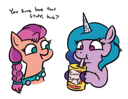 Size: 490x378 | Tagged: safe, artist:jargon scott, imported from derpibooru, izzy moonbow, sunny starscout, earth pony, pony, unicorn, spoiler:my little pony: a new generation, bust, corn syrup, dialogue, drinking, duo, female, g5, hoof hold, mare, my little pony: a new generation, no pupils, simple background, straw, white background