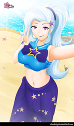 Size: 531x900 | Tagged: safe, artist:clouddg, imported from derpibooru, trixie, equestria girls, equestria girls series, forgotten friendship, belly button, breasts, busty trixie, clothes, female, human coloration, looking at you, midriff, multiple variants, peace sign, ponytail, sarong, selfie, smiling, solo, swimsuit