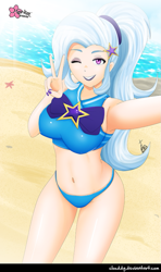Size: 531x900 | Tagged: safe, alternate version, artist:clouddg, imported from derpibooru, trixie, equestria girls, equestria girls series, forgotten friendship, armpits, beach, beach babe, belly button, breasts, busty trixie, clothes, female, grin, human coloration, looking at you, midriff, multiple variants, one eye closed, peace sign, ponytail, selfie, smiling, solo, swimsuit, trixie's beach shorts swimsuit, wink