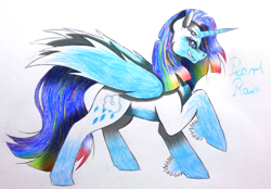 Size: 2212x1536 | Tagged: safe, artist:wixi2000, imported from derpibooru, rainbow dash, rarity, alicorn, pony, female, four eyes, fusion, grin, mare, multiple eyes, raised hoof, simple background, smiling, smirk, solo, traditional art, unshorn fetlocks, white background