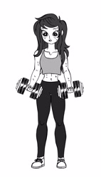 Size: 1450x2546 | Tagged: source needed, safe, artist:e19700, imported from derpibooru, wallflower blush, equestria girls, belly button, clothes, dumbbell (object), female, monochrome, solo, sweat, weights