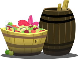 Size: 6799x5150 | Tagged: safe, artist:agryx, imported from derpibooru, apple bloom, earth pony, pony, apple, barrel, bucket, female, filly, food, hiding, lurking, simple background, solo, transparent background, vector