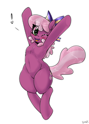 Size: 2000x2800 | Tagged: safe, alternate version, artist:skoon, imported from derpibooru, cheerilee, earth pony, semi-anthro, armpits, bow, cheeribetes, cheering, cute, exclamation point, eye clipping through hair, featureless crotch, hair bow, heart, high res, one eye closed, open mouth, open smile, sfw version, smiling, solo, wink