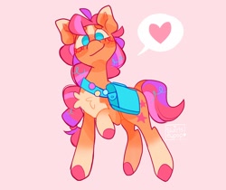 Size: 2048x1719 | Tagged: safe, artist:swirlseypop, imported from derpibooru, sunny starscout, earth pony, pony, spoiler:my little pony: a new generation, bag, blushing, braid, chest fluff, colored hooves, female, g5, heart, looking at you, mare, my little pony: a new generation, pin, pins, raised hoof, satchel, smiling, solo