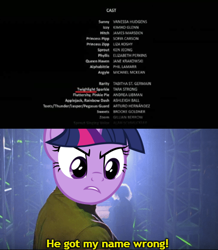 Size: 399x458 | Tagged: safe, edit, imported from derpibooru, screencap, twilight sparkle, spoiler:my little pony: a new generation, 3d, andrea libman, angry, ashleigh ball, credits, elizabeth perkins, g5, james marsden, jane krakowski, ken jeong, kimiko glenn, liza koshy, meme, michael mckean, misspelling, my little pony: a new generation, phil lamarr, sofia carson, spider-man, tabitha st. germain, tara strong, vanessa hudgens, you had one job