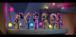 Size: 1920x927 | Tagged: safe, imported from derpibooru, screencap, applejack, fluttershy, pinkie pie, rainbow dash, rarity, twilight sparkle, alicorn, earth pony, pegasus, pony, unicorn, spoiler:my little pony: a new generation, 3d, applejack's hat, cowboy hat, female, g5, hat, mane six, mare, my little pony: a new generation, shelf, sunny starscout's bedroom, tallulah (hat), toy, twilight sparkle (alicorn)