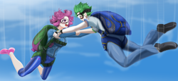 Size: 4162x1918 | Tagged: safe, artist:ink_beziers_painter109, imported from derpibooru, oc, oc only, oc:software patch, oc:windcatcher, human, commission, couple, falling, female, goggles, humanized, humanized oc, male, parachute, skydiving, straight, windpatch