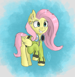 Size: 1880x1916 | Tagged: safe, artist:kitsune-2000, imported from derpibooru, fluttershy, pegasus, pony, antonymph, clothes, cutie mark accessory, ear fluff, ear piercing, fluttgirshy, gir, grin, headphones, hoodie, implied rainbow dash, invader zim, piercing, raised hoof, smiling, solo