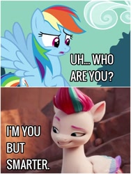 Size: 1500x1999 | Tagged: safe, edit, edited screencap, imported from derpibooru, screencap, rainbow dash, zipp storm, pegasus, pony, spoiler:my little pony: a new generation, 3d, comic, g4, g5, my little pony: a new generation, screencap comic