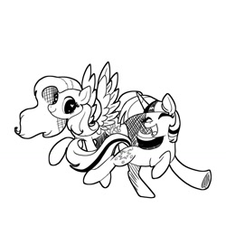 Size: 1181x1181 | Tagged: safe, artist:brella, imported from derpibooru, fluttershy, twilight sparkle, pegasus, pony, unicorn, black and white, crosshatch, grayscale, monochrome, open mouth, open smile, smiling, unicorn twilight