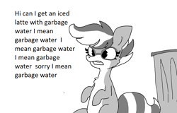 Size: 1186x758 | Tagged: safe, artist:tjpones, imported from derpibooru, oc, oc only, oc:bandy cyoot, hybrid, pony, raccoon, raccoon pony, black and white, dialogue, female, grayscale, iced latte with breast milk, mare, meme, monochrome, simple background, solo, trash can, white background