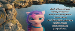 Size: 1280x536 | Tagged: safe, imported from derpibooru, screencap, sunny starscout, earth pony, spoiler:g5, spoiler:my little pony: a new generation, 3d, caption, empathy, g5, image macro, looking down, lyrics, my little pony: a new generation, reflection, rock, sad, singing, song, swimming pool, text, water