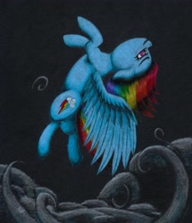 Size: 3312x3849 | Tagged: safe, artist:myzanil, imported from derpibooru, rainbow dash, pegasus, pony, backflip, cloud, colored pencil drawing, flying, high res, looking forward, smiling, solo, traditional art, wings