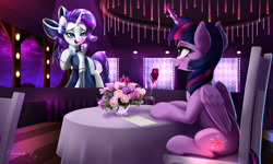 Size: 2500x1500 | Tagged: safe, artist:darksly, imported from derpibooru, rarity, twilight sparkle, alicorn, pony, unicorn, alternate universe, beautiful, bow, clothes, cutie mark, dress, duo, female, flower, glass, heart eyes, jewelry, lesbian, lounge singer, magic, microphone, microphone stand, necklace, nightclub, performance, rarilight, shipping, singer, singing, sitting, stage, stage light, table, telekinesis, twilight sparkle (alicorn), wingding eyes