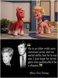 Size: 1500x1999 | Tagged: safe, imported from derpibooru, screencap, sprout cloverleaf, spoiler:my little pony: a new generation, 3d, bedroom eyes, comments locked down, comparison, donald trump, fake, female, g5, male, mare, mary ann trump, mother and child, mother and son, my little pony: a new generation, op is a duck, op is trying to start shit, phyllis cloverleaf, politics, sprout the trump, stallion, younger