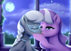 Size: 8820x6300 | Tagged: safe, artist:ottava, imported from derpibooru, diamond tiara, silver spoon, earth pony, pony, female, french kiss, glasses, kissing, lesbian, moon, night, shipping, silvertiara