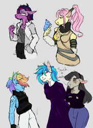 Size: 1280x1761 | Tagged: safe, artist:sodafalls, imported from derpibooru, dj pon-3, fluttershy, octavia melody, twilight sparkle, vinyl scratch, anthro, bird, clothes, cosplay, costume, soul eater