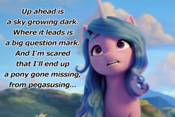 Size: 804x536 | Tagged: safe, edit, edited screencap, imported from derpibooru, screencap, izzy moonbow, unicorn, spoiler:g5, spoiler:my little pony: a new generation, 3d, caption, fear, g5, i'm looking out for you, image macro, looking up, lyrics, mountain, my little pony: a new generation, scared, singing, sky, song, text