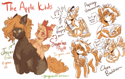 Size: 2971x1879 | Tagged: safe, artist:yuyusunshine, imported from derpibooru, oc, oc only, oc:jasper gala, oc:sugarbee, oc:sugarbee apple, earth pony, pegasus, pony, adopted offspring, apple, basket, colt, female, filly, food, guitar, male, musical instrument, parent:applejack