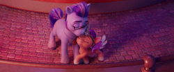 Size: 1920x800 | Tagged: safe, imported from derpibooru, screencap, sunny starscout, earth pony, pony, spoiler:my little pony: a new generation, 3d, alicorn costume, argyle starshine, costume, cute, father and child, father and daughter, female, filly, filly sunny starscout, g5, male, my little pony: a new generation, nuzzling, stallion, sunnybetes