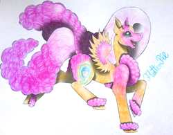 Size: 1967x1536 | Tagged: safe, artist:wixi2000, imported from derpibooru, fluttershy, pinkie pie, pegasus, pony, chest fluff, female, fluffy, fluffy mane, fluffy tail, four ears, mare, open mouth, open smile, prancing, simple background, smiling, solo, spread wings, tail, traditional art, unshorn fetlocks, white background, wings