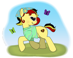 Size: 745x600 | Tagged: safe, artist:hazel bloons, imported from derpibooru, oc, oc only, oc:chocolate sweets, butterfly, earth pony, pony, bandana, blue sky, clothes, eyes closed, female, flower, flower in hair, glasses, grass, heart shaped glasses, mare, shirt, simple background, smiling, solo, sunglasses, transparent background, walking