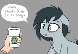 Size: 1110x766 | Tagged: safe, artist:icey, imported from derpibooru, oc, oc only, oc:sleepy goodnight, earth pony, human, pony, allergies, bags under eyes, coffee, disembodied hand, female, floppy ears, hand, mare, starbucks, text