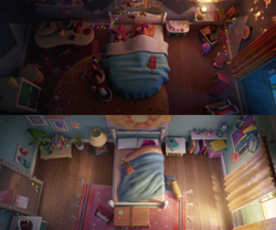 Size: 1920x1600 | Tagged: safe, edit, imported from derpibooru, screencap, spike, sunny starscout, earth pony, pony, spoiler:my little pony: a new generation, 3d, bed, bedroom, book, comparison, curtains, dreamcatcher, female, filly, filly sunny starscout, g5, mare, my little pony: a new generation, plant, plushie, sleeping, spike plushie, younger
