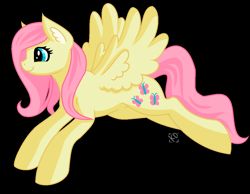 Size: 1157x897 | Tagged: safe, artist:amazing-artsong, imported from derpibooru, fluttershy, pegasus, pony, black background, ear fluff, female, flying, mare, pixel art, profile, simple background, smiling, solo, spread wings, wings