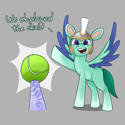 Size: 2000x2000 | Tagged: artist needed, source needed, safe, imported from derpibooru, izzy moonbow, pegasus, pony, spoiler:g5, spoiler:my little pony: a new generation, ball, g5, guard, high res, horn, horn impalement, hornball, izzy's tennis ball, male, my little pony: a new generation, offscreen character, pegasus royal guard, royal guard, stallion, tennis ball, thunder flap, thundorable