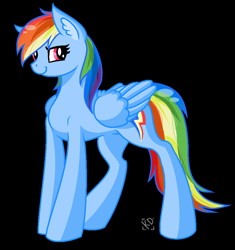 Size: 864x918 | Tagged: safe, artist:amazing-artsong, imported from derpibooru, rainbow dash, pegasus, pony, backwards cutie mark, black background, ear fluff, female, looking at you, mare, pixel art, simple background, smiling, solo