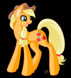 Size: 897x993 | Tagged: safe, artist:amazing-artsong, imported from derpibooru, applejack, earth pony, pony, applejack's hat, black background, cowboy hat, ear fluff, female, hat, looking back, mare, open mouth, open smile, pixel art, simple background, smiling, solo