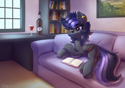 Size: 3508x2480 | Tagged: safe, artist:dandy, imported from derpibooru, oc, oc only, oc:blackberry shine, pegasus, pony, :3, alcohol, book, bottle, chest fluff, commission, couch, ear piercing, female, glass, high res, lying down, mare, piercing, reading, smiling, solo, window, wine, wine glass